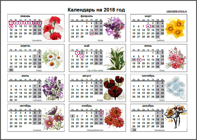 Общие выходные дни в 2018 году в России.